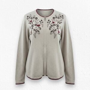 Y2K Croft and Barrow Embroidered Bird Zip Cardigan Cottage Knit Size Medium